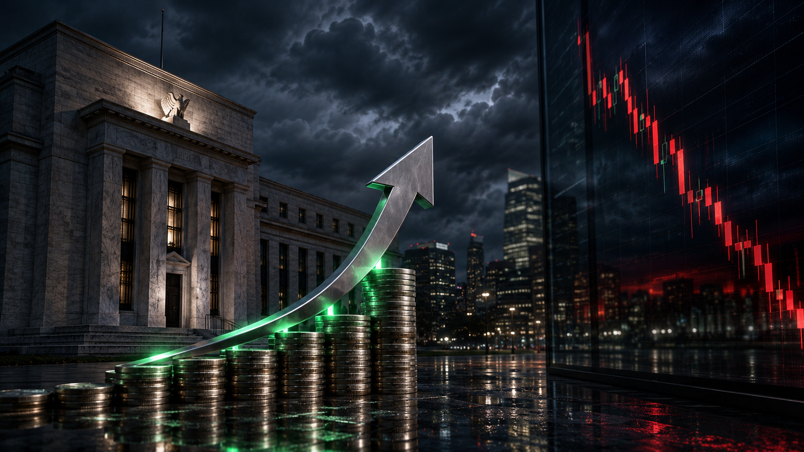 A Federal Reserve-style building stands under storm clouds beside rising interest-rate symbols, stacked coins, and a red falling market chart.