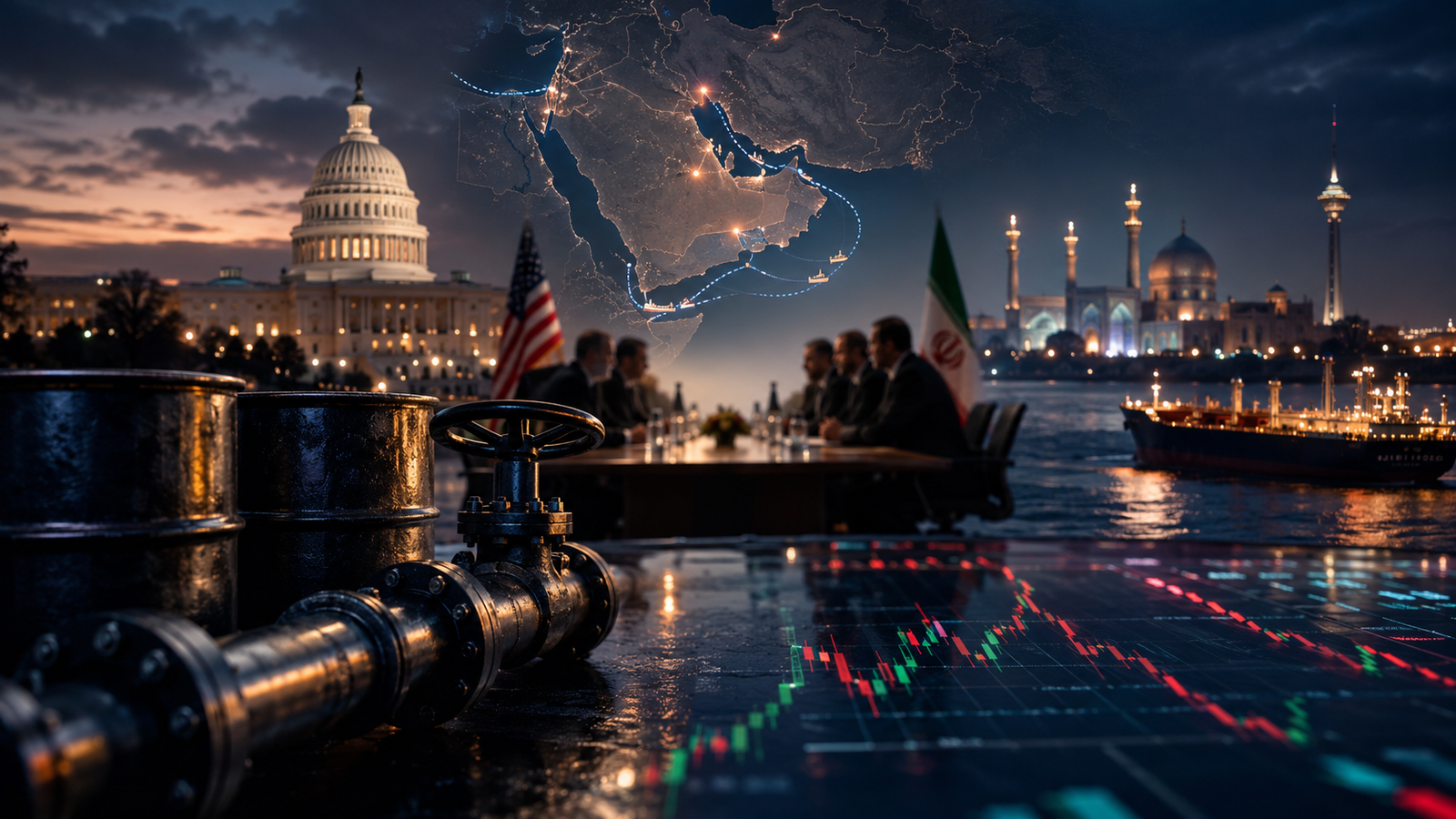 Oil barrels, a pipeline valve, diplomatic figures, and U.S. and Iranian landmarks appear beside a Middle East map and market chart at dusk.