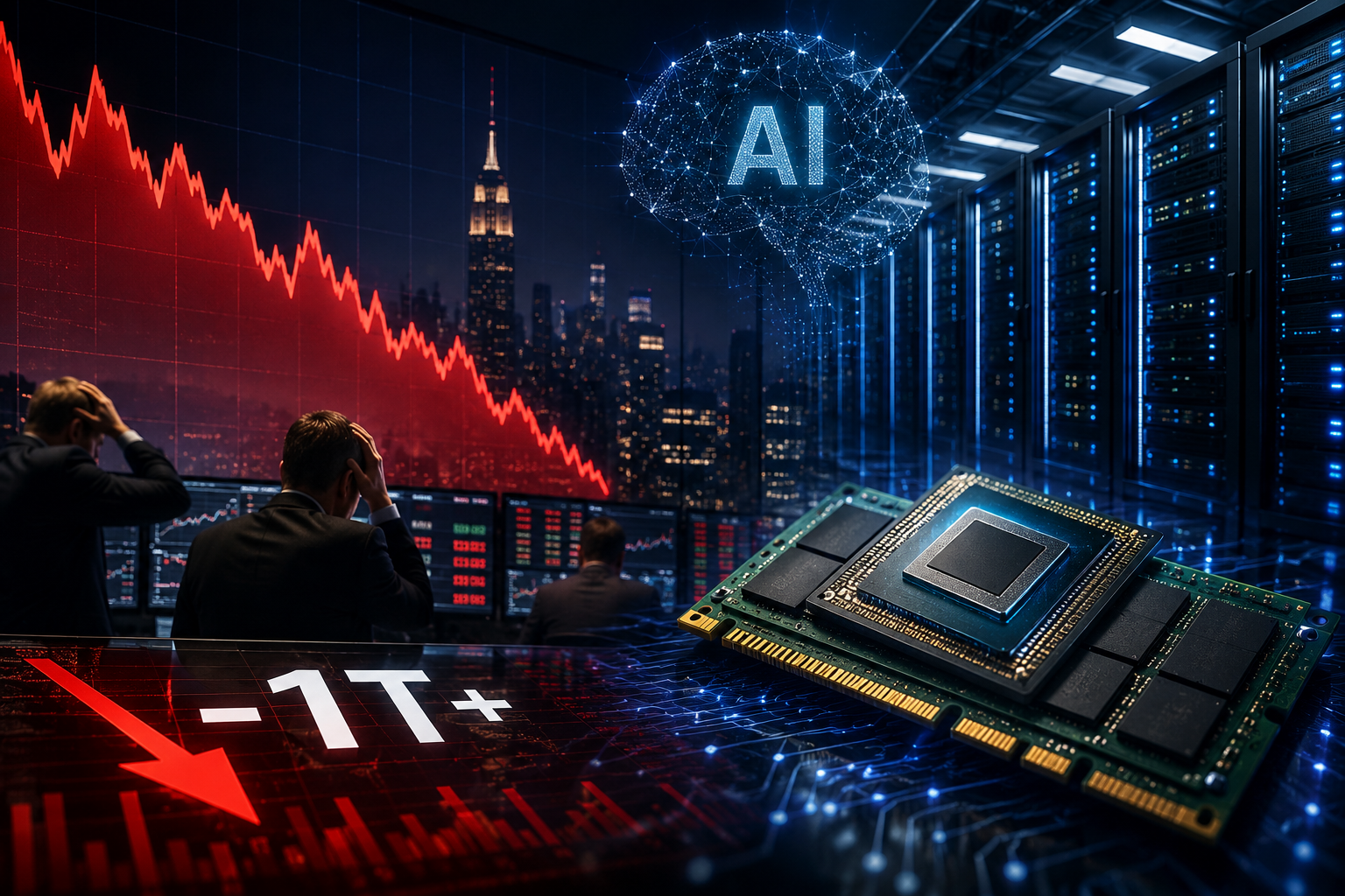 A large AI chip sits beside glowing server racks and a red falling market chart, while traders react to a technology selloff in the background.