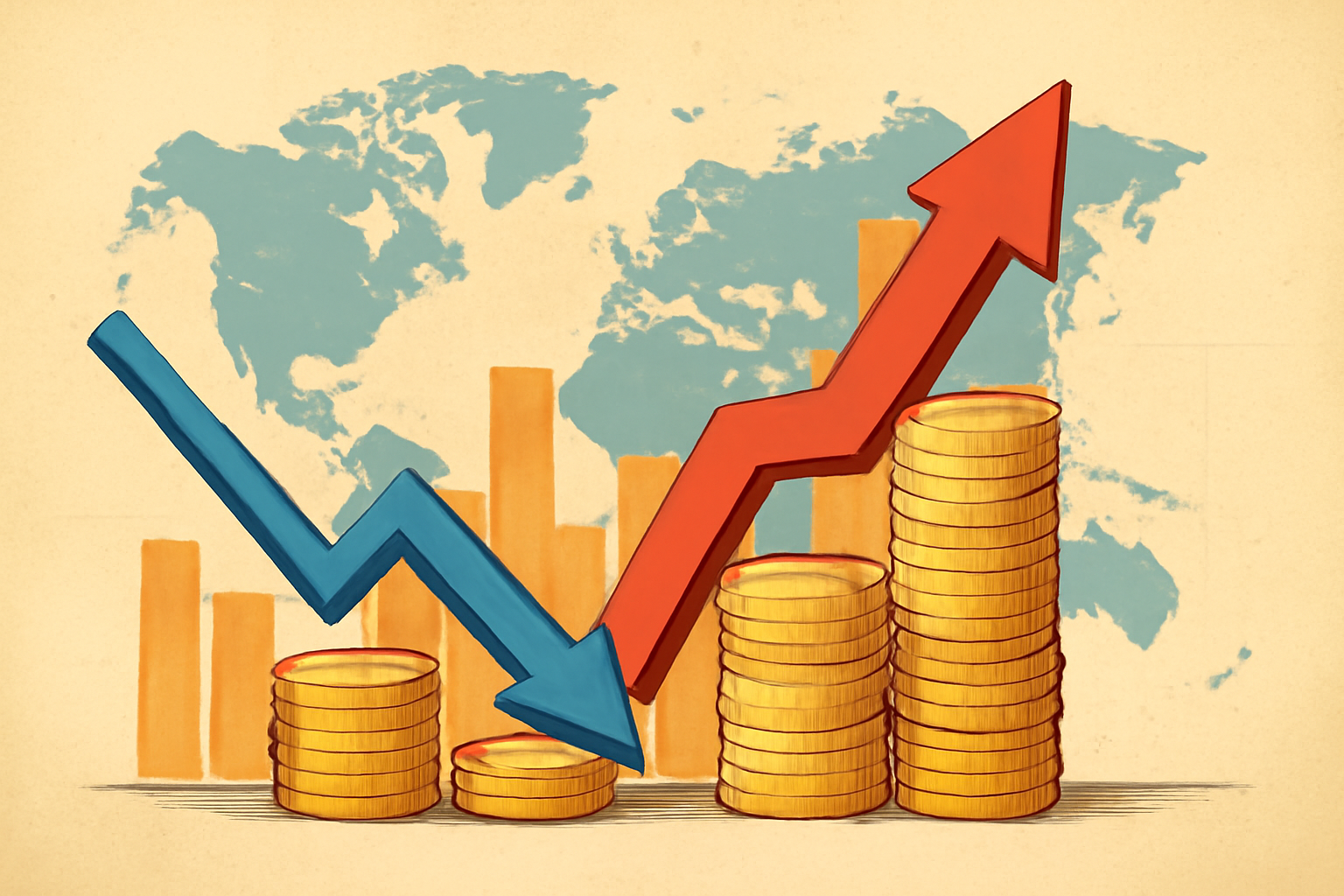 Illustration of red upward and blue downward arrows with gold coin stacks representing rising emerging markets and falling developed economies.
