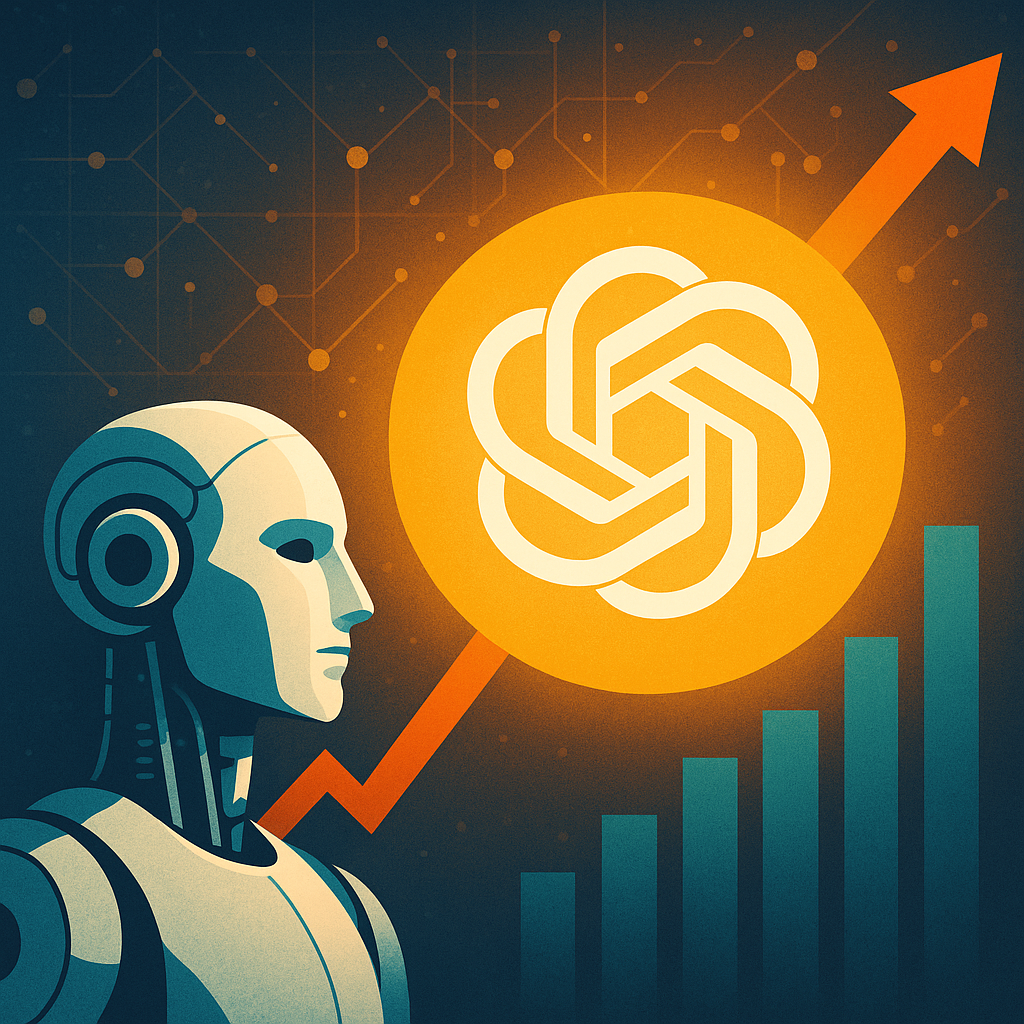 A humanoid robot gazes at the glowing OpenAI logo, surrounded by rising bar charts and an upward arrow, symbolizing the growth of AI investment.