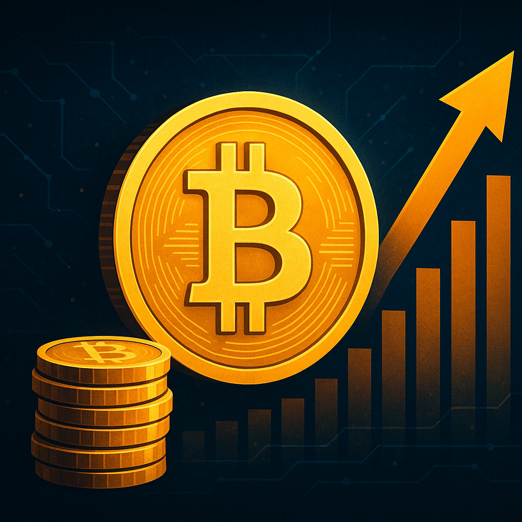 A digital illustration of a large Bitcoin symbol on a gold coin, with a stack of coins and an upward trending arrow indicating rising value, set against a dark tech-themed background.