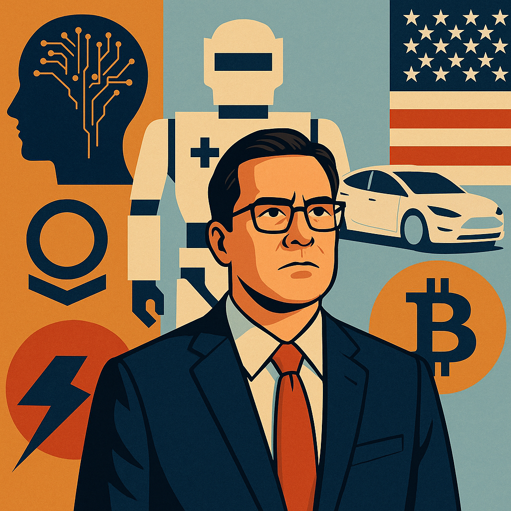 Illustrated image of a confident businessman surrounded by symbols of AI, defense technology, electric vehicles, cryptocurrency, and the U.S. flag, representing investor optimism in tech amid political and geopolitical challenges.