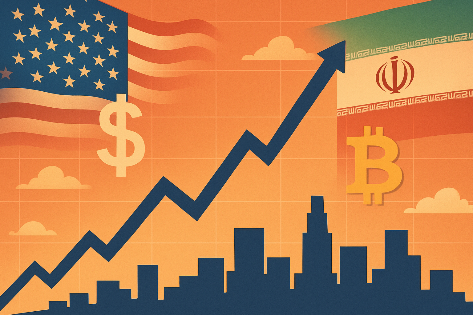 Illustration of an upward-trending stock chart against a backdrop of U.S. and Iranian flags, financial symbols like the dollar and Bitcoin, and a city skyline—symbolizing a tech-driven rally amid geopolitical relief.