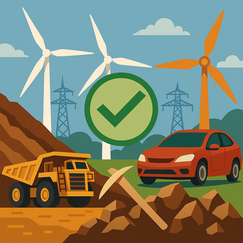 Illustration showing a mining truck, a pickaxe, wind turbines, and an electric car, symbolizing the link between rare-earth mining and green technologies.