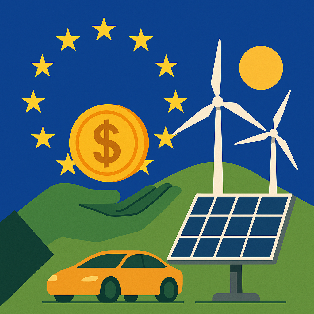 Illustration of a green hand holding a gold coin in front of EU stars, with wind turbines, a solar panel, and an electric vehicle on green hills.