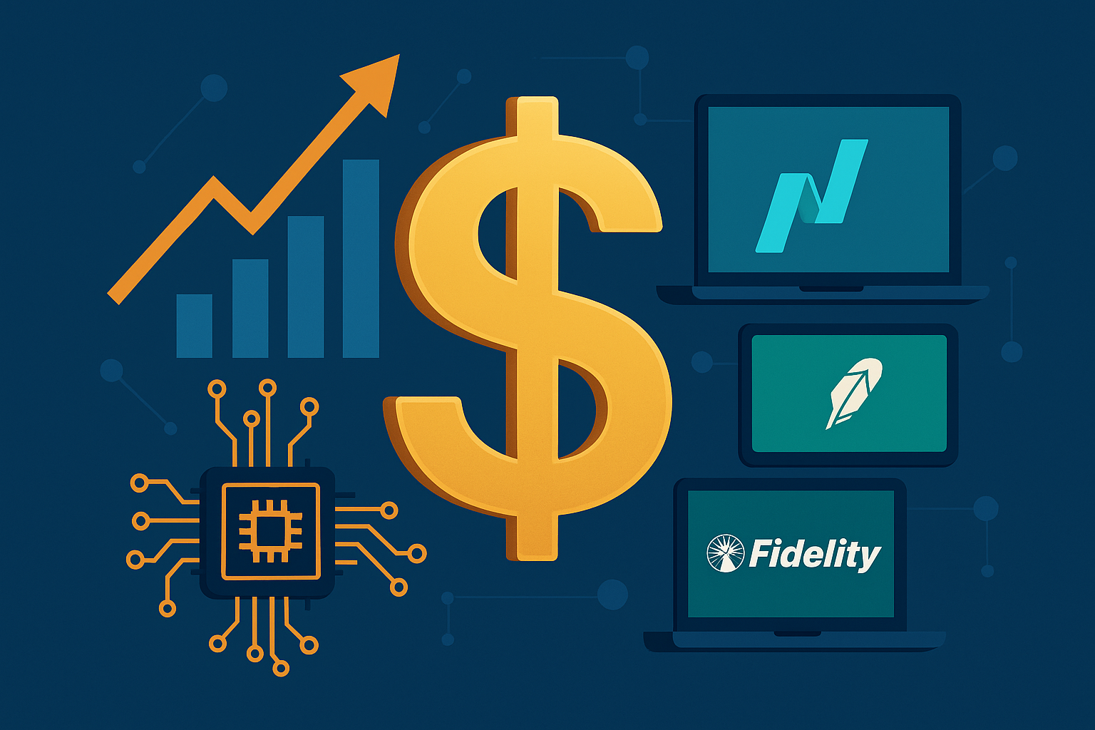 Illustration of a large golden dollar sign surrounded by fintech symbols including stock charts, microchip circuitry, and devices displaying logos of Fidelity, Robinhood, and Nasdaq.