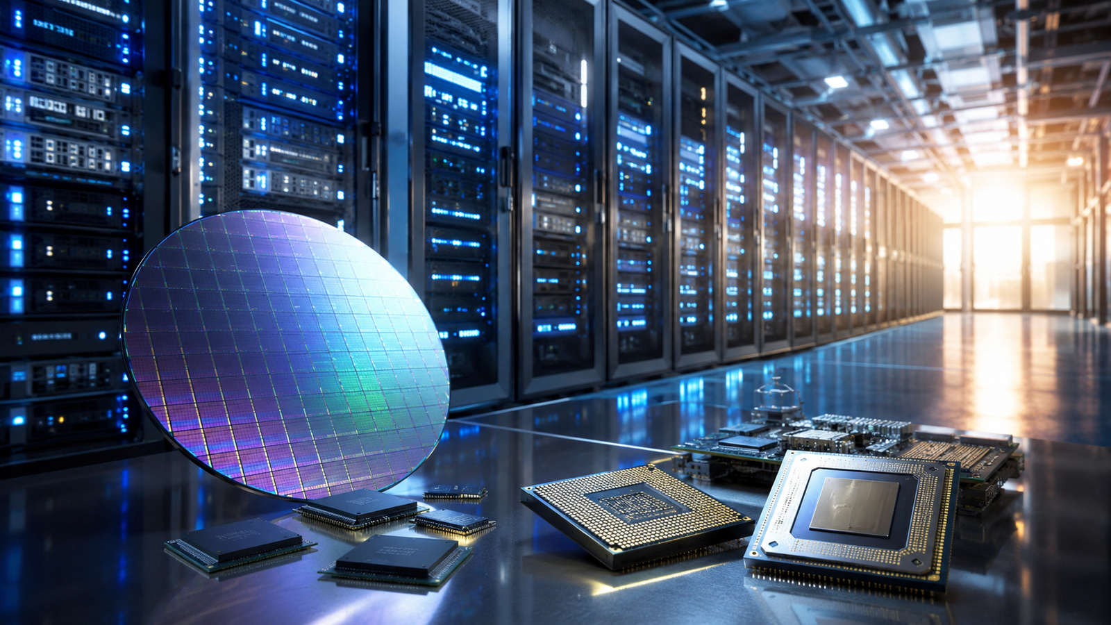 Semiconductor chips and a silicon wafer sit in front of illuminated data-center server racks, symbolizing renewed demand for AI infrastructure.