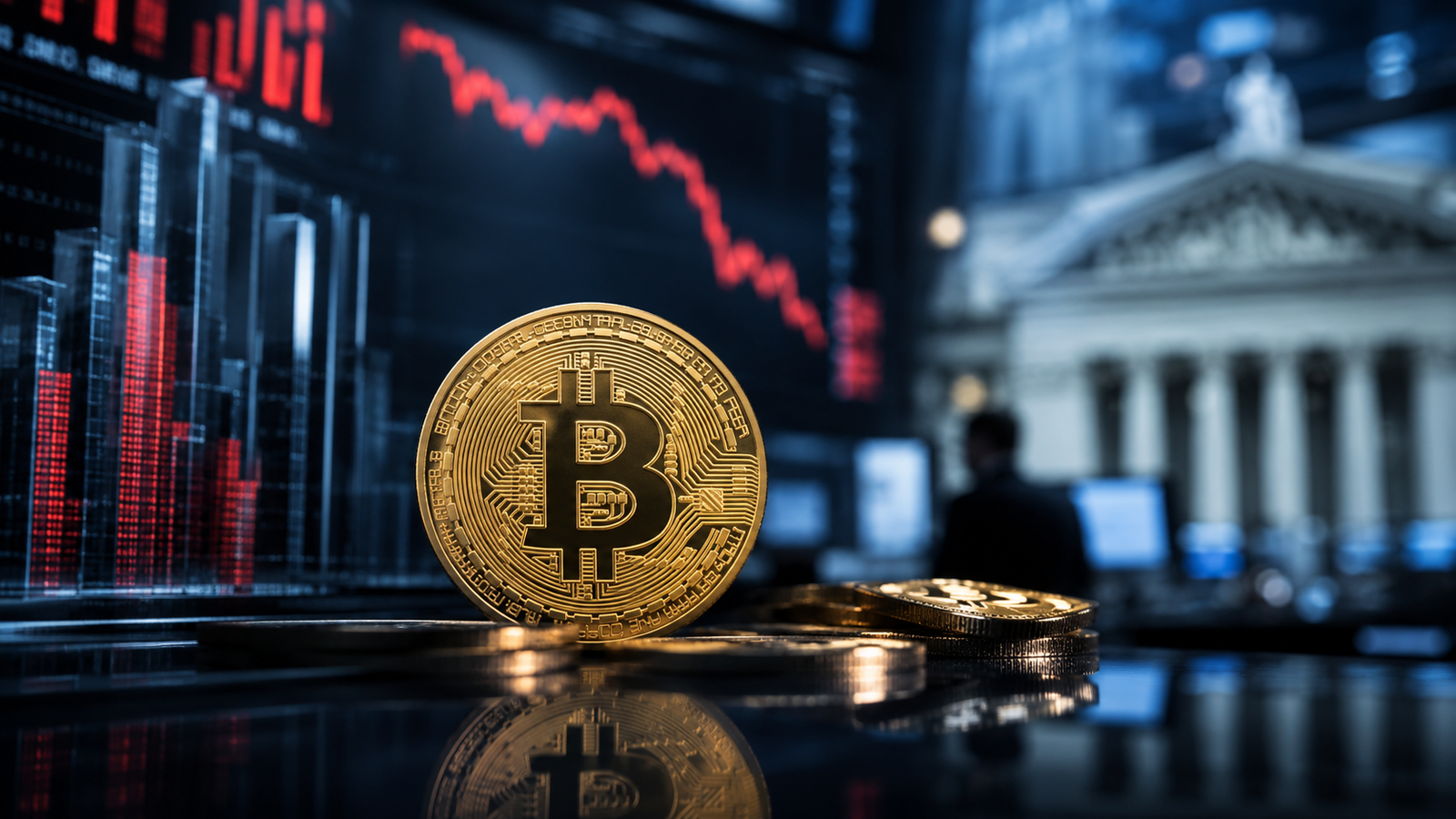 A gold Bitcoin coin sits on a reflective trading desk with red downward market indicators and a blurred institutional building in the background.