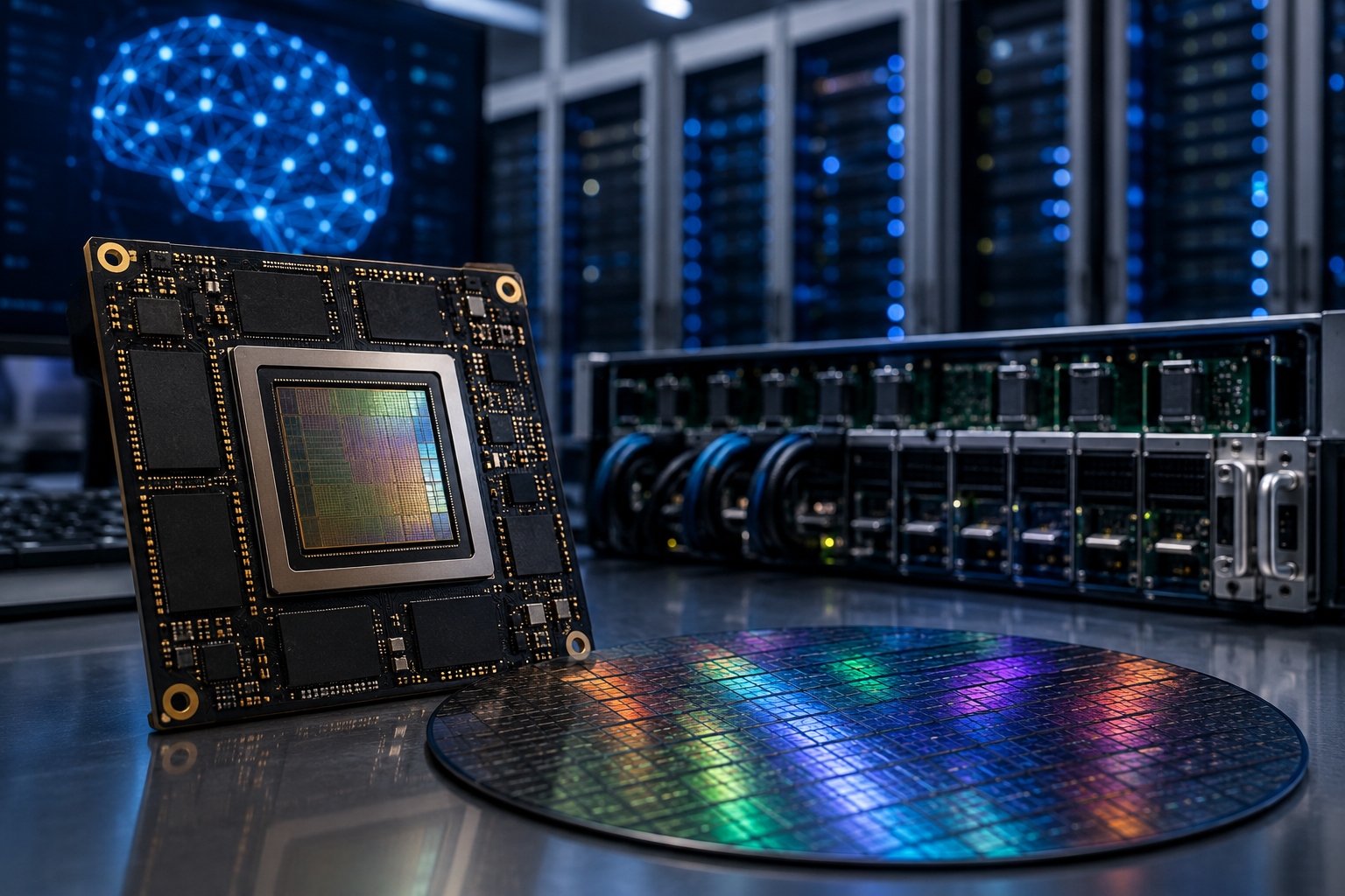 A high-performance AI processor and reflective silicon wafer sit inside a data-center lab with server racks and a glowing neural network display in the background.