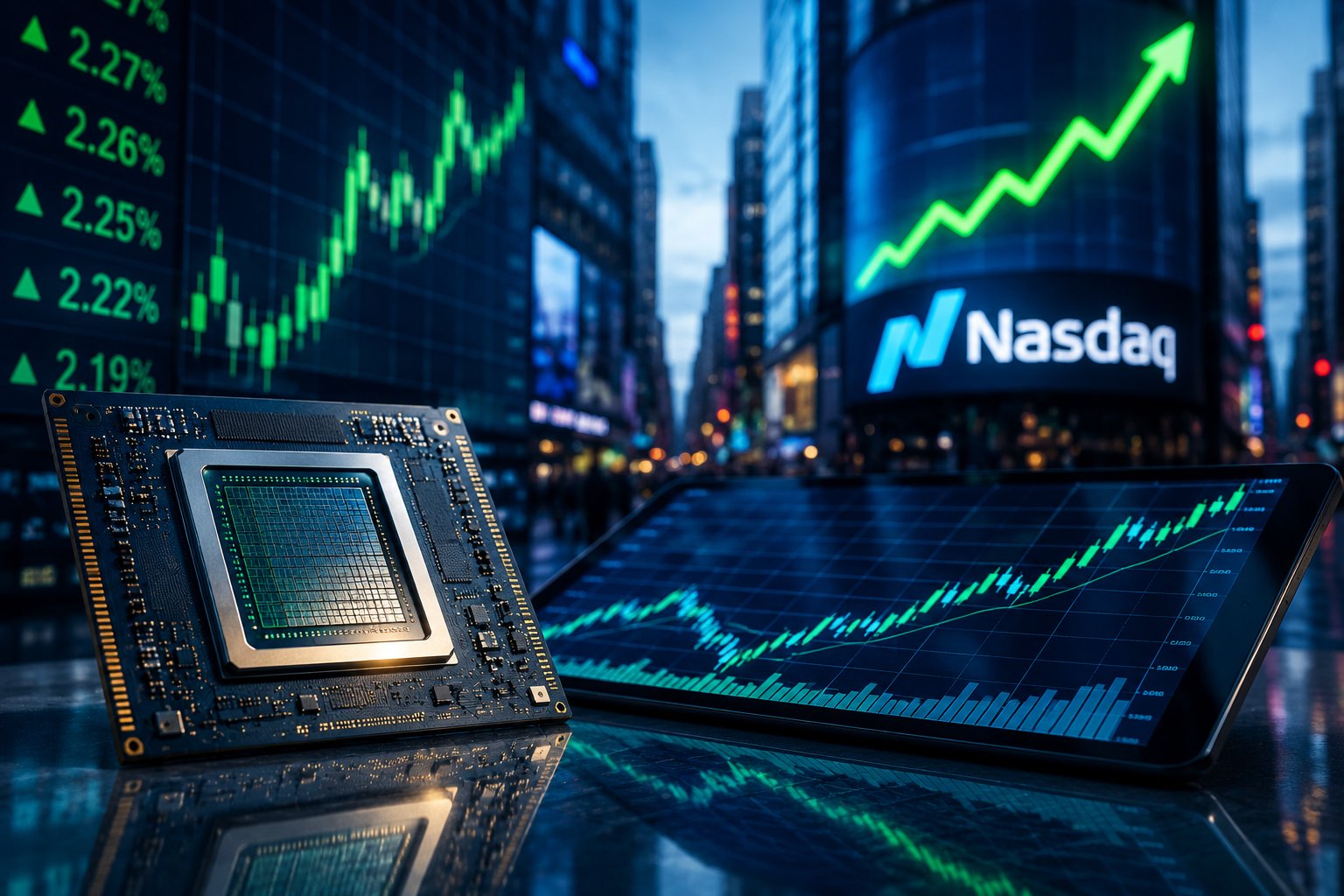 A semiconductor chip and digital trading screen show rising green market charts against a futuristic Nasdaq-style financial district backdrop.