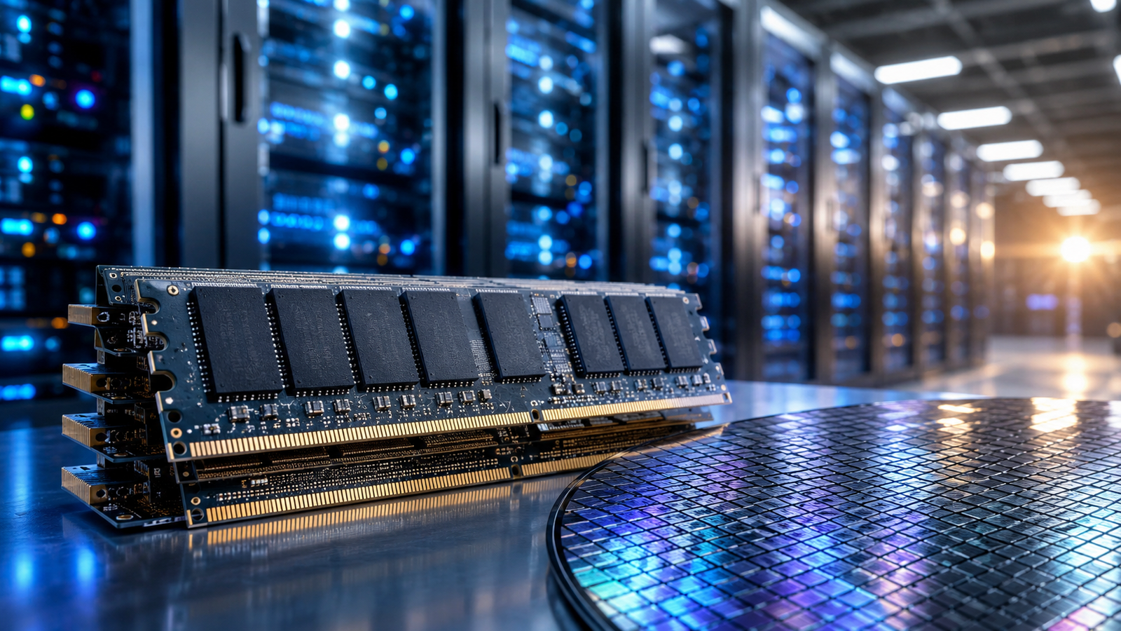 Stacked memory chips and a reflective silicon wafer sit inside a blue-lit data center, symbolizing strong demand for AI memory infrastructure.