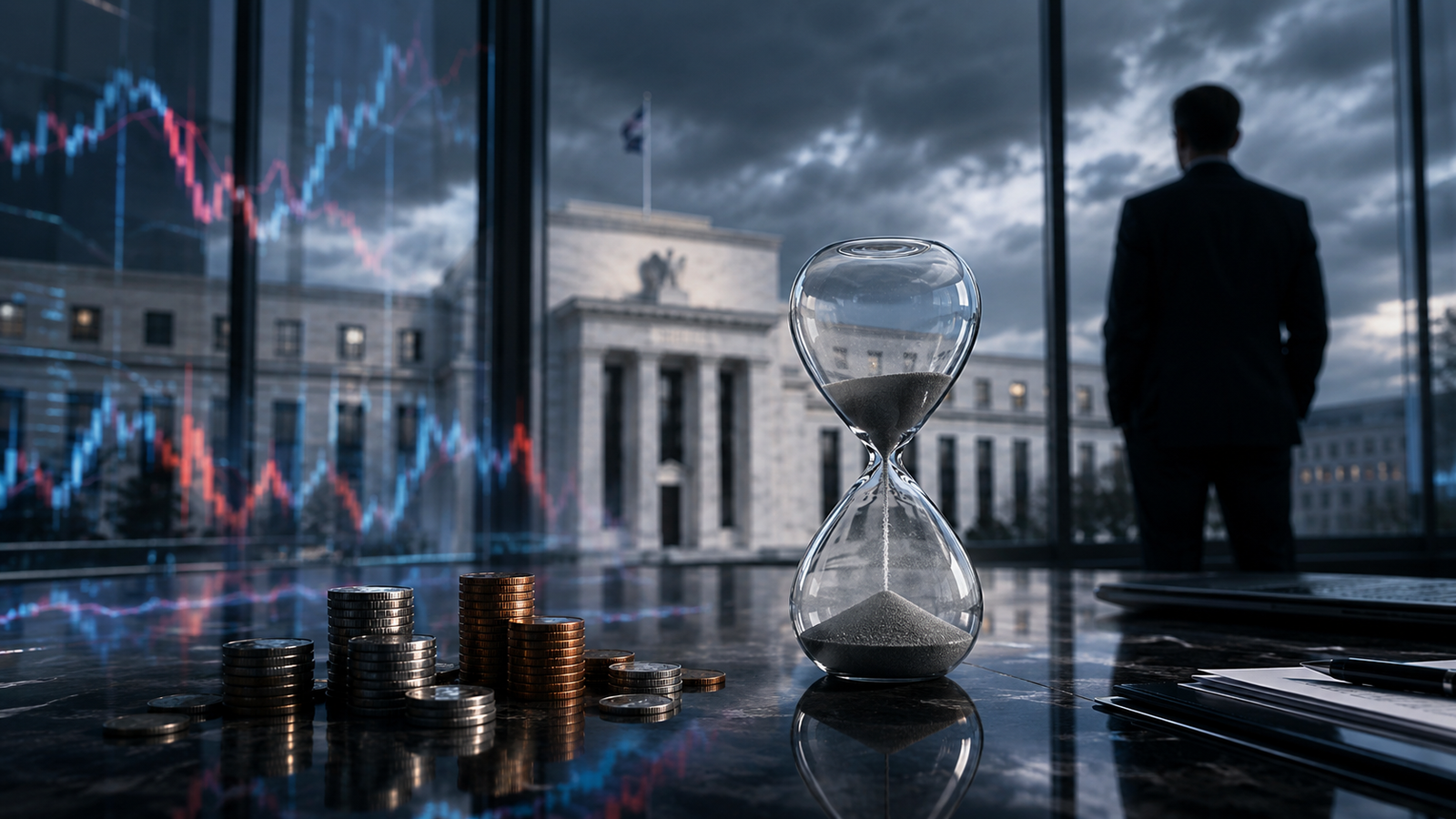An hourglass, stacks of coins and blurred market charts sit in front of a Federal Reserve-style building, symbolizing investor uncertainty before key inflation data.