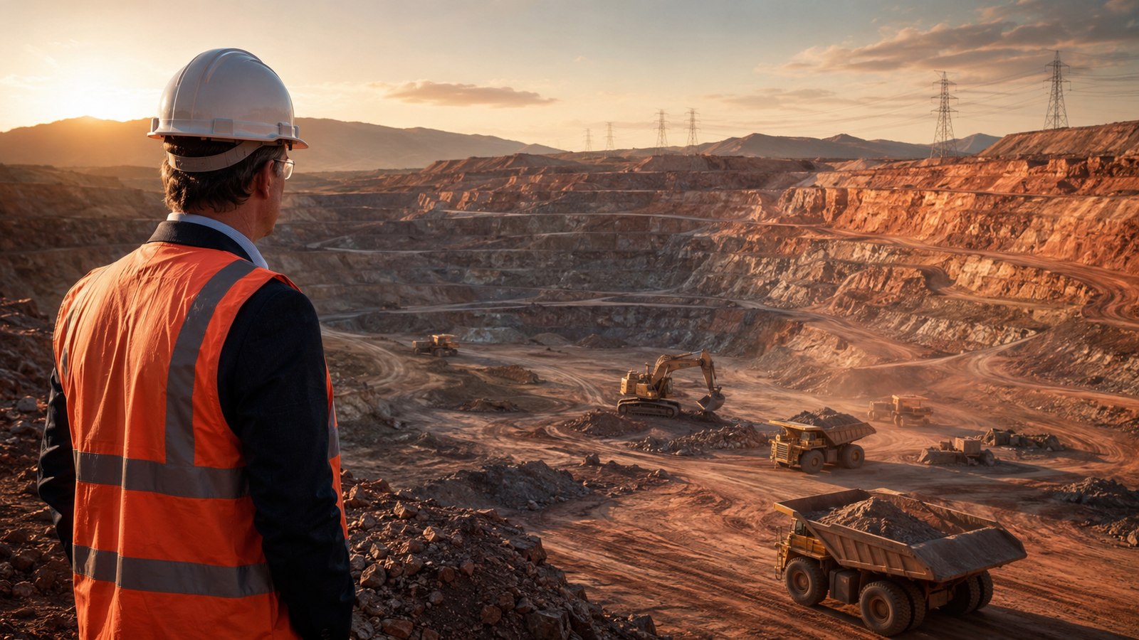 A mining executive in safety gear overlooks a vast open-pit copper mine with heavy machinery and power lines stretching across the landscape.