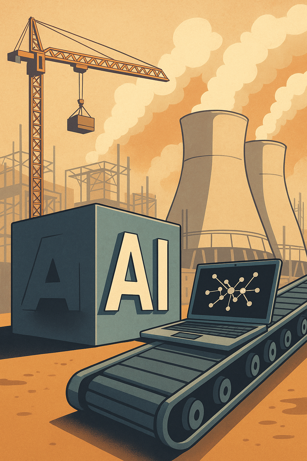 Illustration of AI integration in nuclear construction, featuring a laptop on a conveyor belt beside nuclear cooling towers and a large AI cube.