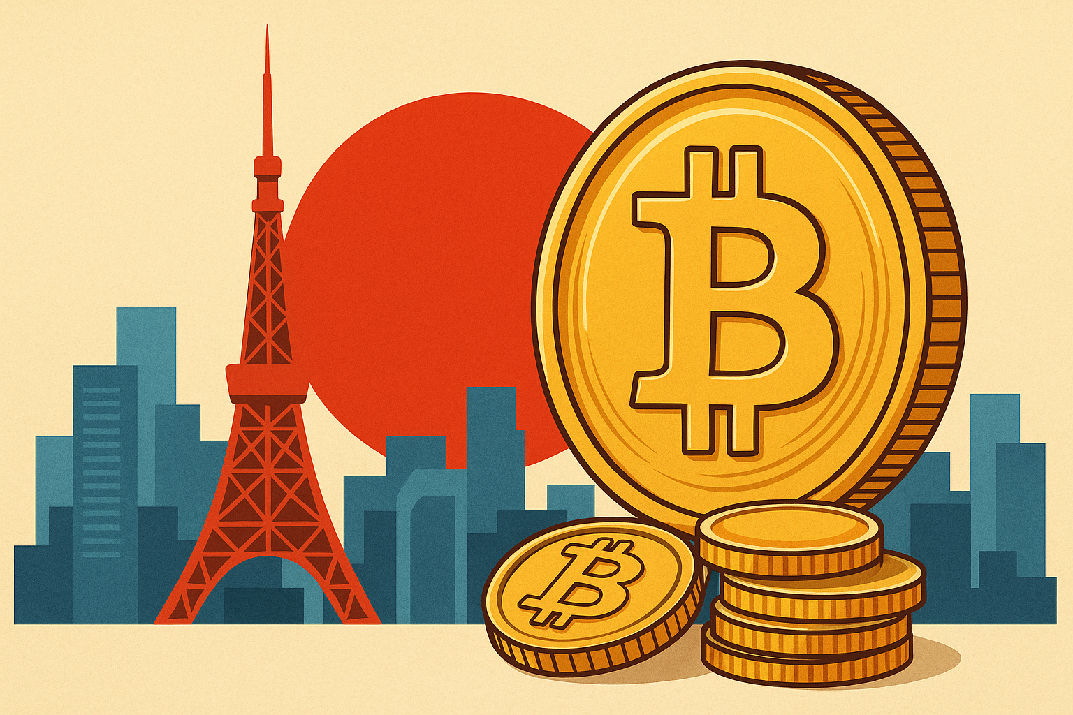 Illustration of golden Bitcoin coins in front of Tokyo Tower and a red sun, symbolizing Japan's national flag, with a modern cityscape in the background.