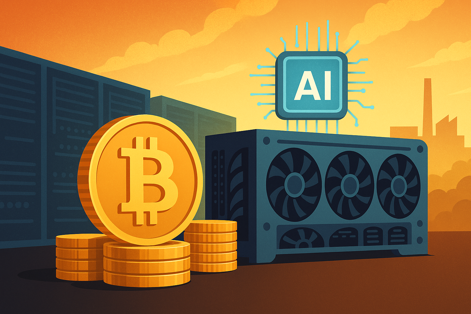 Illustration of a large golden Bitcoin coin beside a powerful AI GPU server, with a data center and factory silhouette in the background under a glowing orange sky.