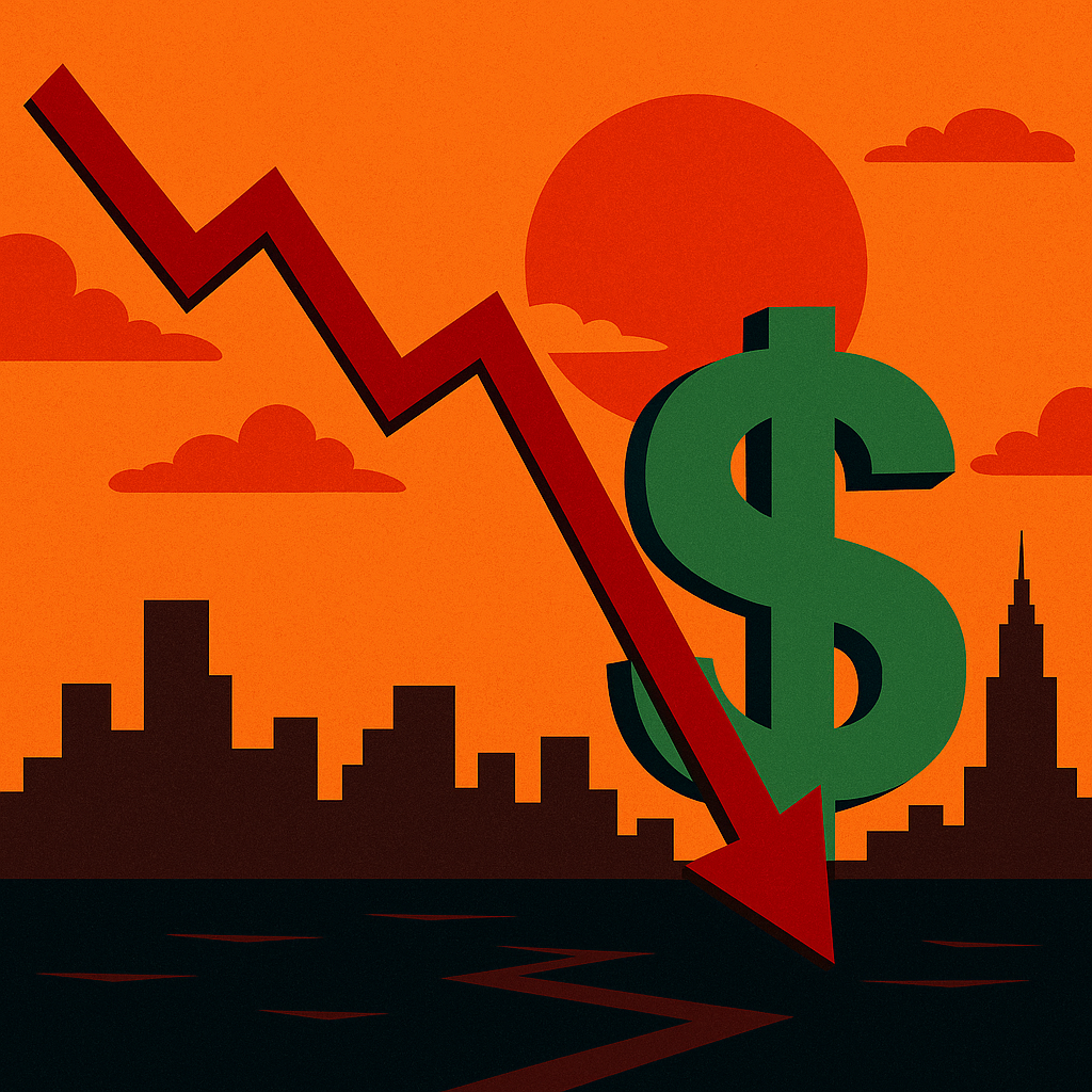 Illustration of a sharp red stock market decline line intersecting a large green dollar sign, set against an orange sky and silhouetted city skyline.