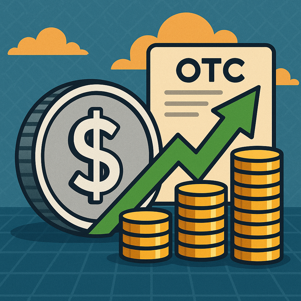 Illustration of rising OTC investments with dollar coin, stacked coins, and upward green arrow.
