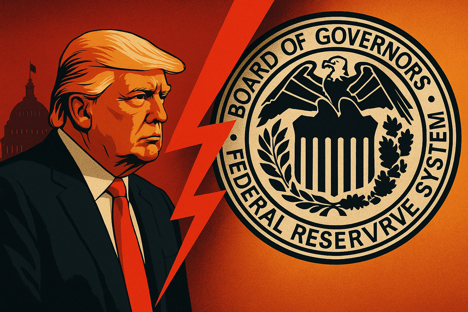 Illustration of Donald Trump facing the Federal Reserve emblem, divided by a red lightning bolt
