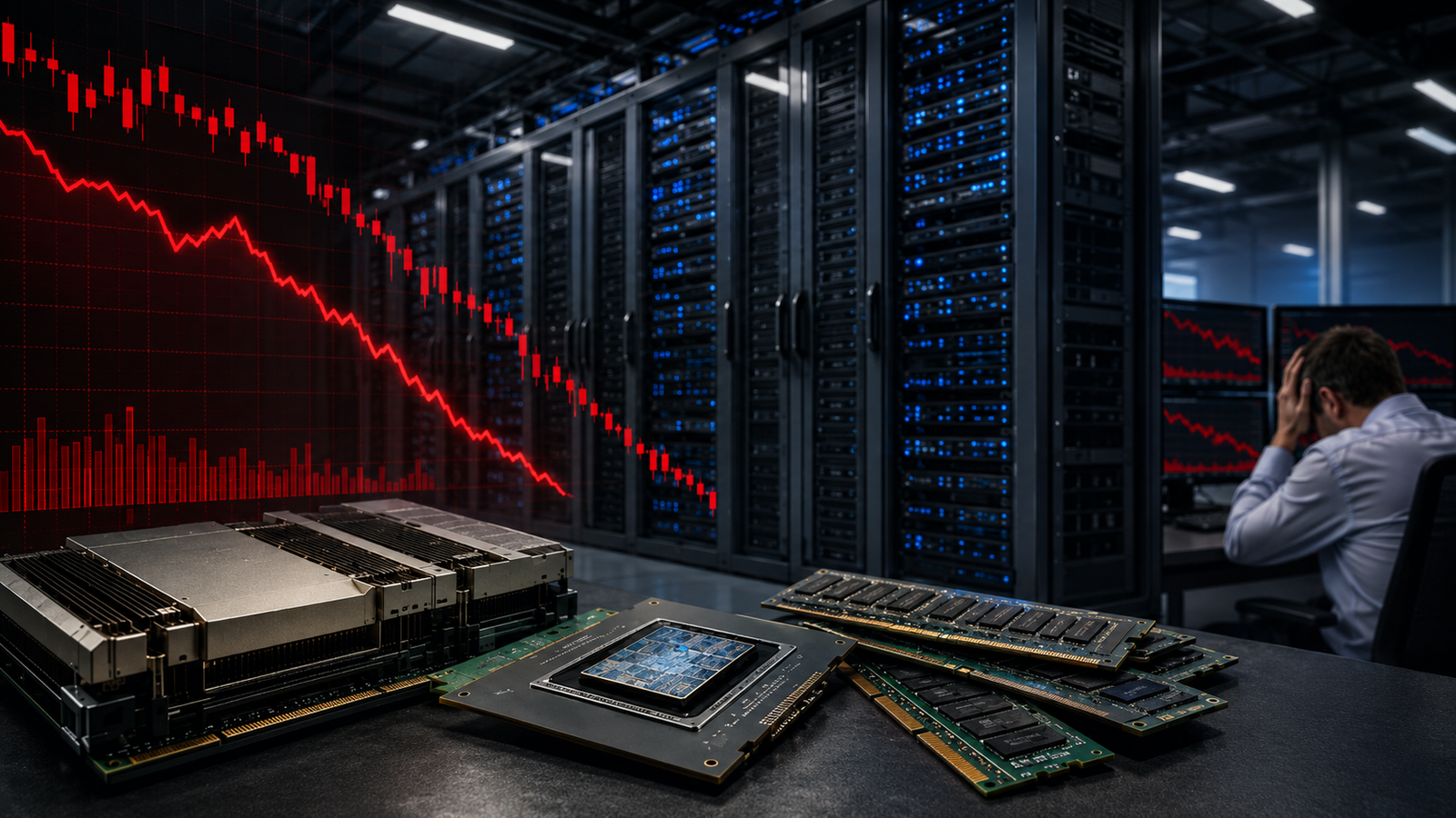 AI server racks, memory chips and processors sit beneath a falling red market chart as an analyst watches declining screens.