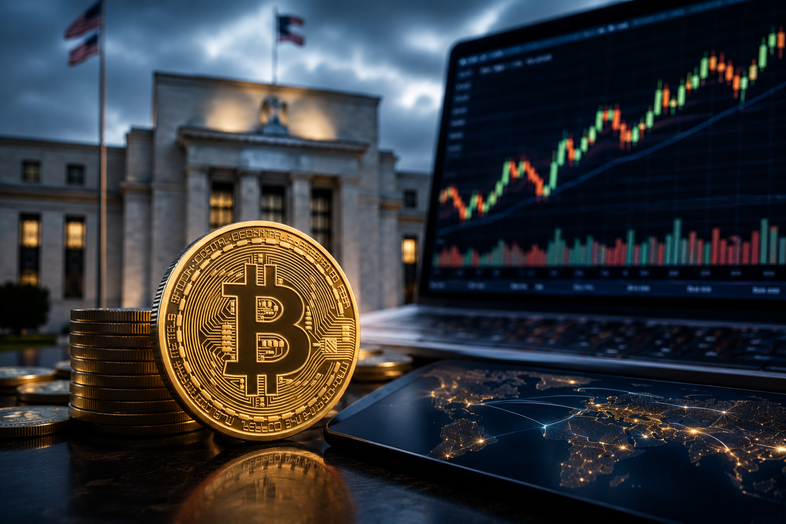 A gold Bitcoin coin sits beside market charts and a government building, symbolizing cryptocurrency resilience amid Federal Reserve policy uncertainty.
