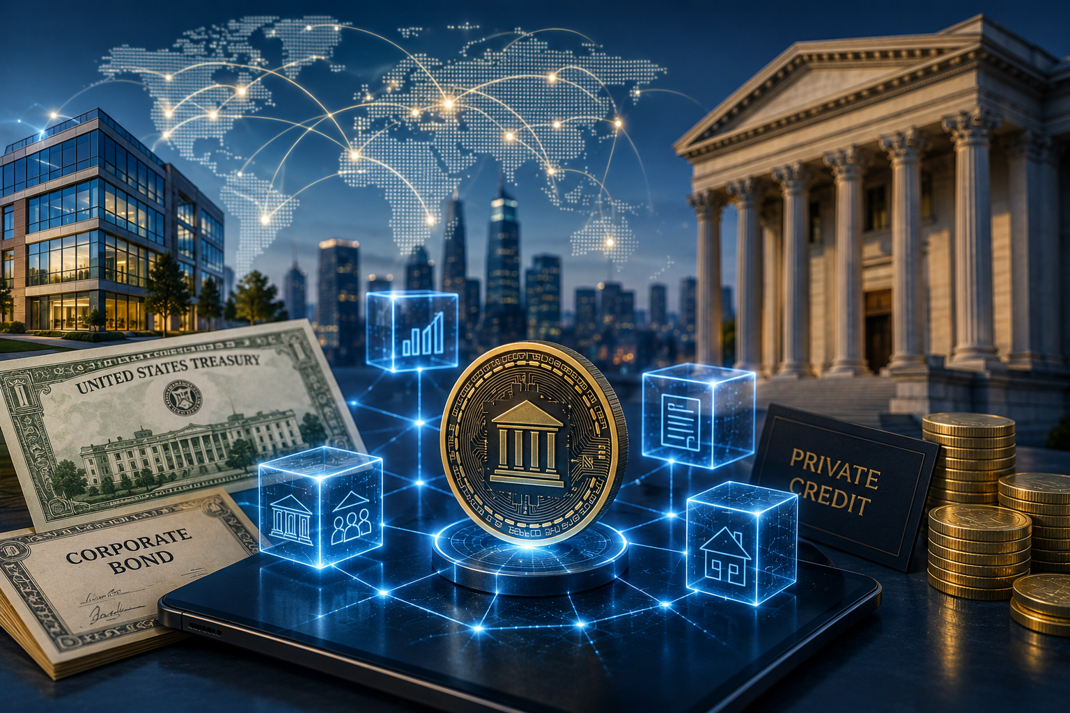 Digital tokens, financial documents, commercial property and banking architecture connect through a glowing blockchain network.