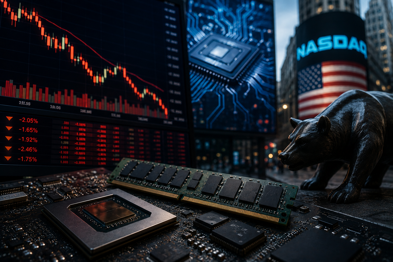 Semiconductor chips and memory modules sit beside a falling red market chart, with a bear statue and Nasdaq-style financial display in the background.