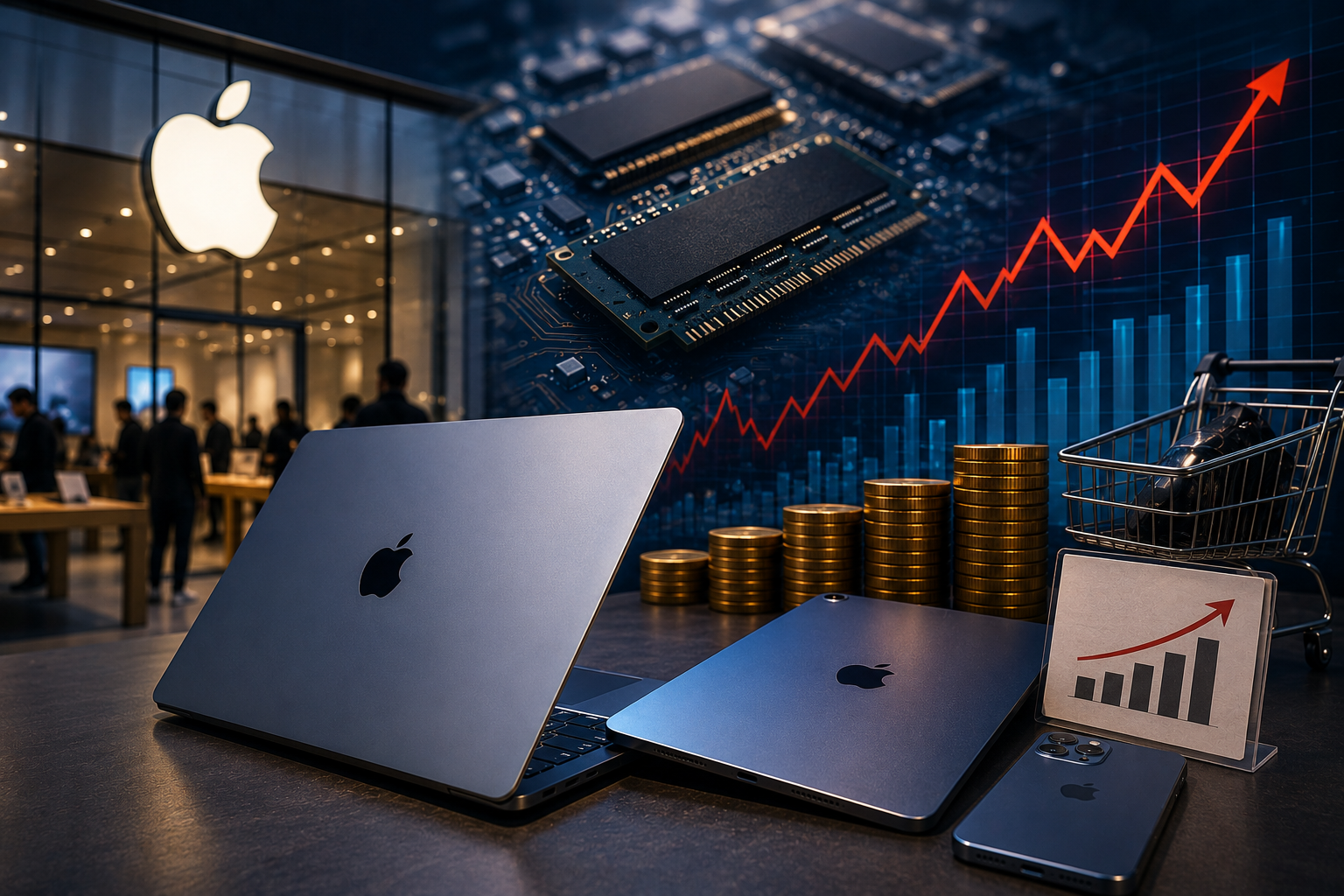 Apple devices sit beside rising cost charts, coin stacks and semiconductor components, symbolizing higher hardware prices driven by AI-related supply chain pressure.
