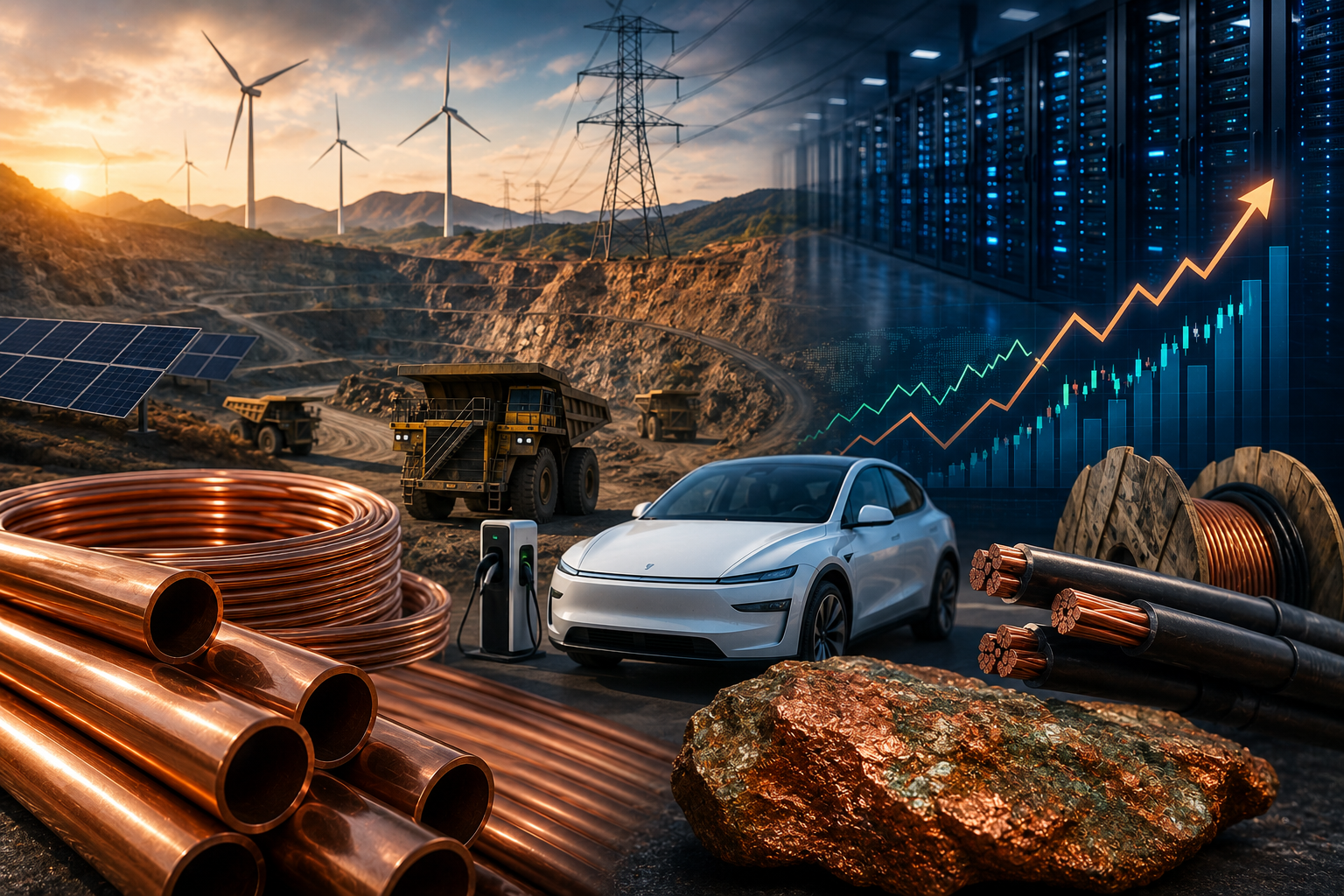 Copper pipes, cables and raw ore sit beside an electric vehicle, renewable energy infrastructure and AI data center servers.