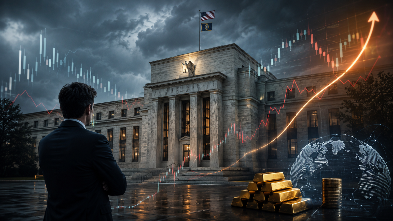 A financial analyst stands before a Federal Reserve-style building as storm clouds, market charts, gold bars and global finance symbols reflect inflation and interest-rate uncertainty.