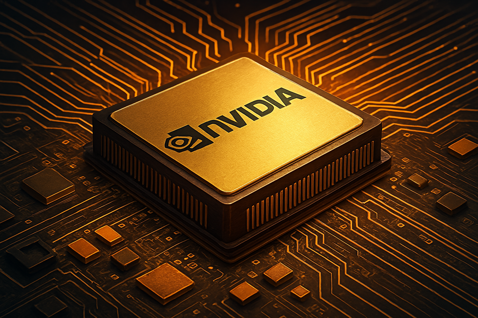 A golden Nvidia semiconductor chip embedded in a glowing circuit board with orange-lit pathways