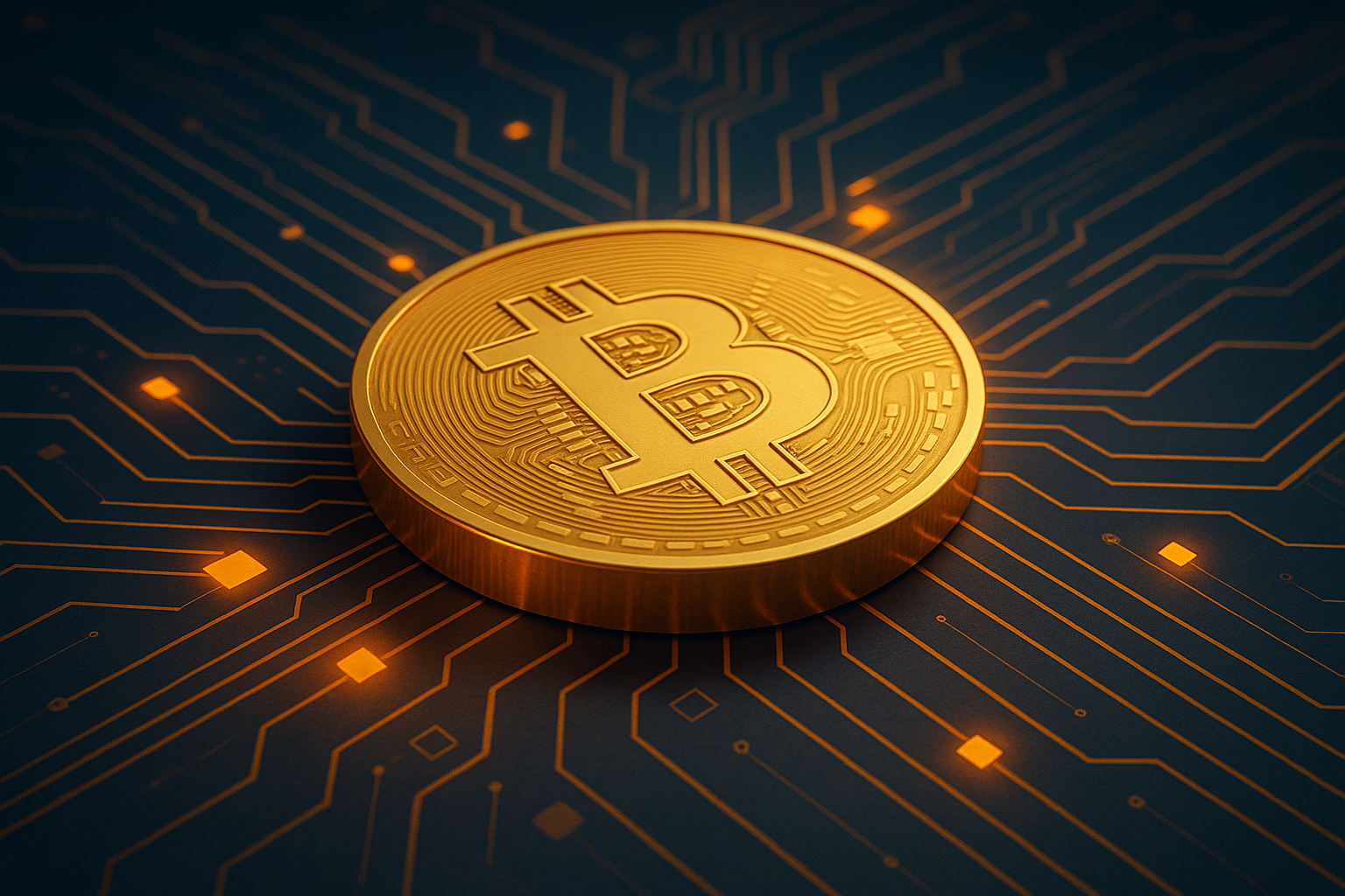 A glowing gold Bitcoin coin resting on an illuminated digital circuit board with orange and blue pathways