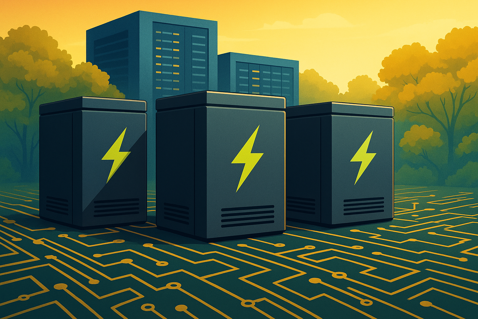 Illustration of futuristic battery units with lightning bolts in front of data center buildings, connected by circuit-like energy pathways.