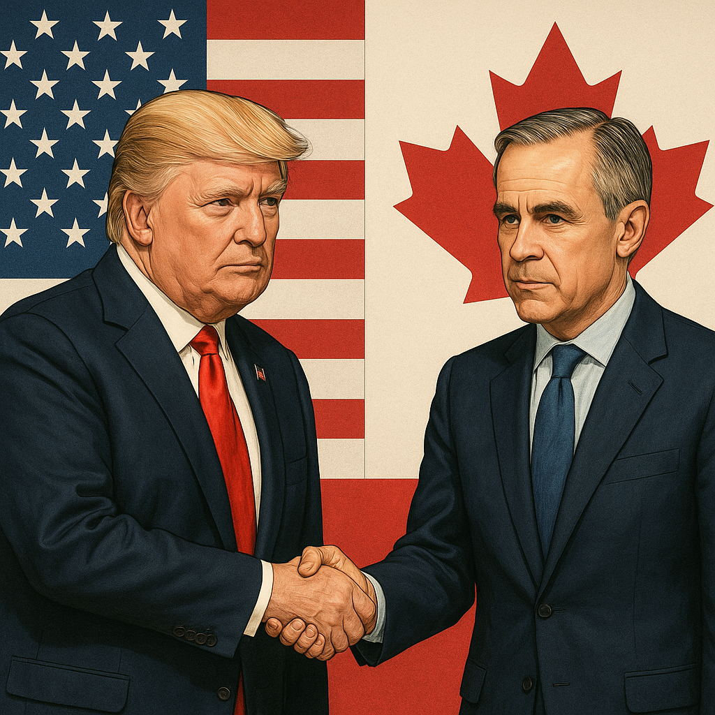 Former President Donald Trump and Canadian Prime Minister Mark Carney shaking hands in front of their national flags