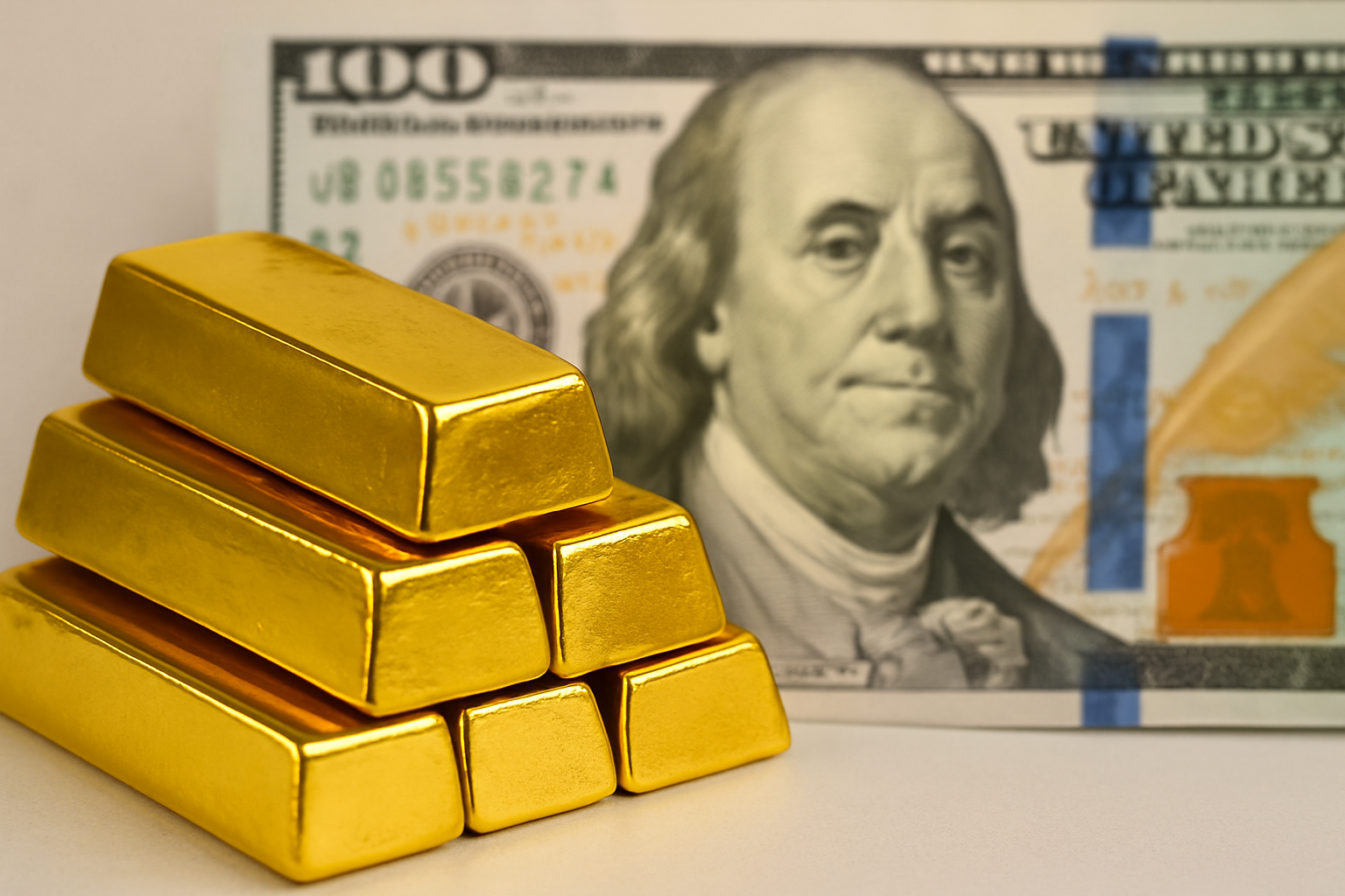 A stack of gold bars positioned in front of a blurred U.S. hundred-dollar bill featuring Benjamin Franklin
