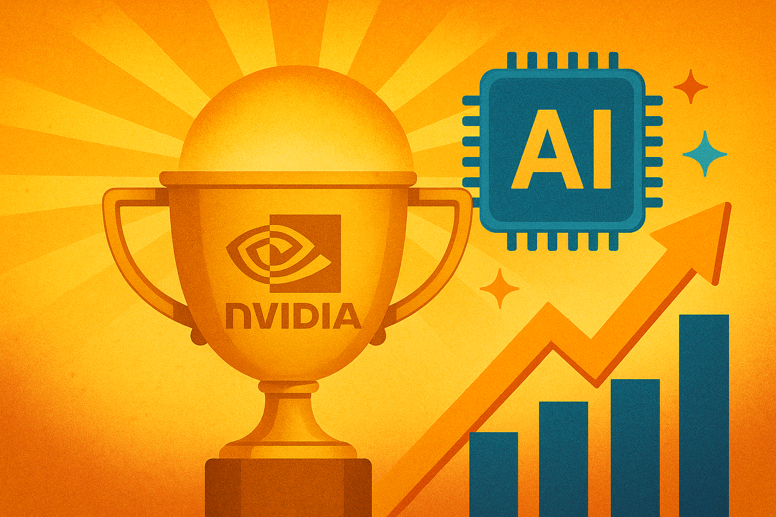 Illustration featuring a golden Nvidia trophy, an AI microchip, and rising bar charts with an upward arrow symbolizing growth.
