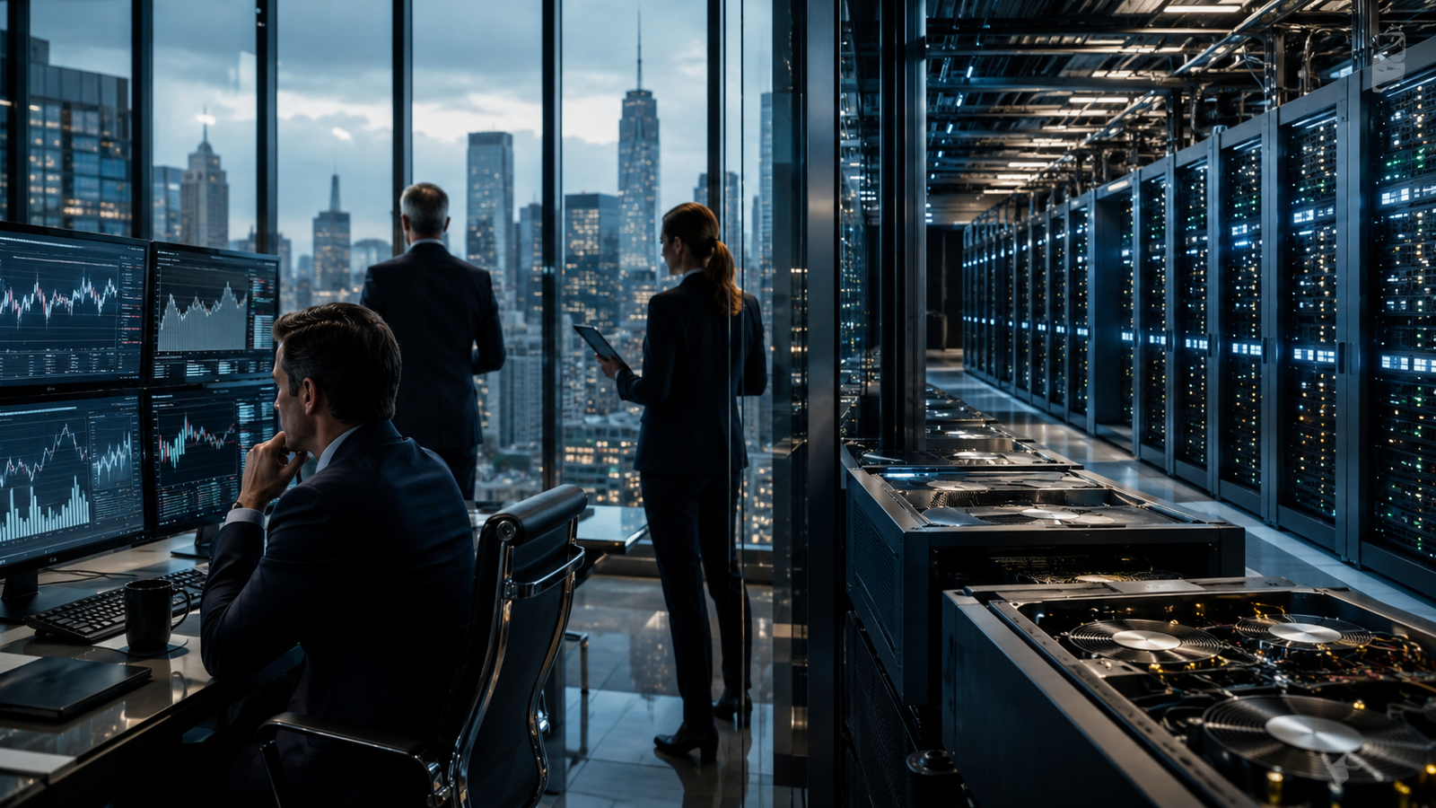 Business analysts review financial charts beside a glowing AI data center, symbolizing Wall Street scrutiny of artificial intelligence spending and profitability.