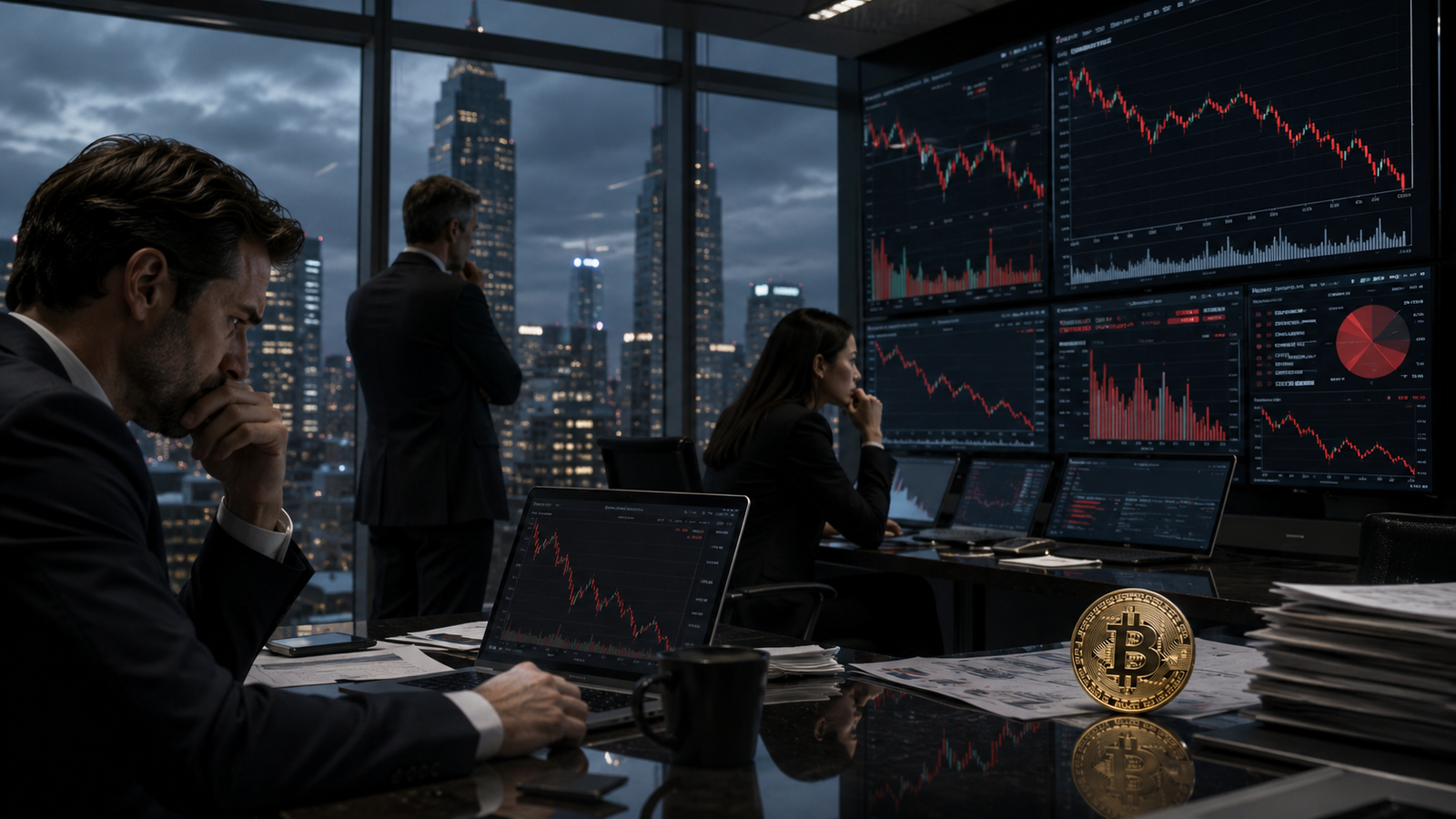 Institutional investors review falling cryptocurrency market charts in a trading room, with a Bitcoin coin on the desk symbolizing weakening confidence in leveraged Bitcoin exposure.
