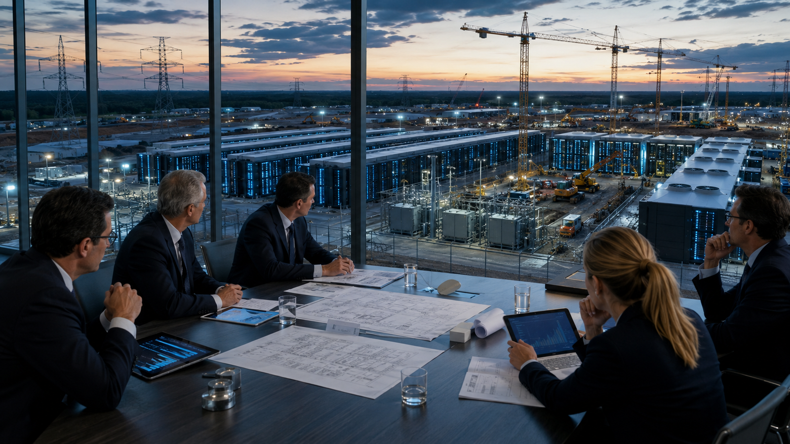 Private-credit investors review data center project plans in a boardroom overlooking AI infrastructure construction, power equipment and illuminated server facilities.