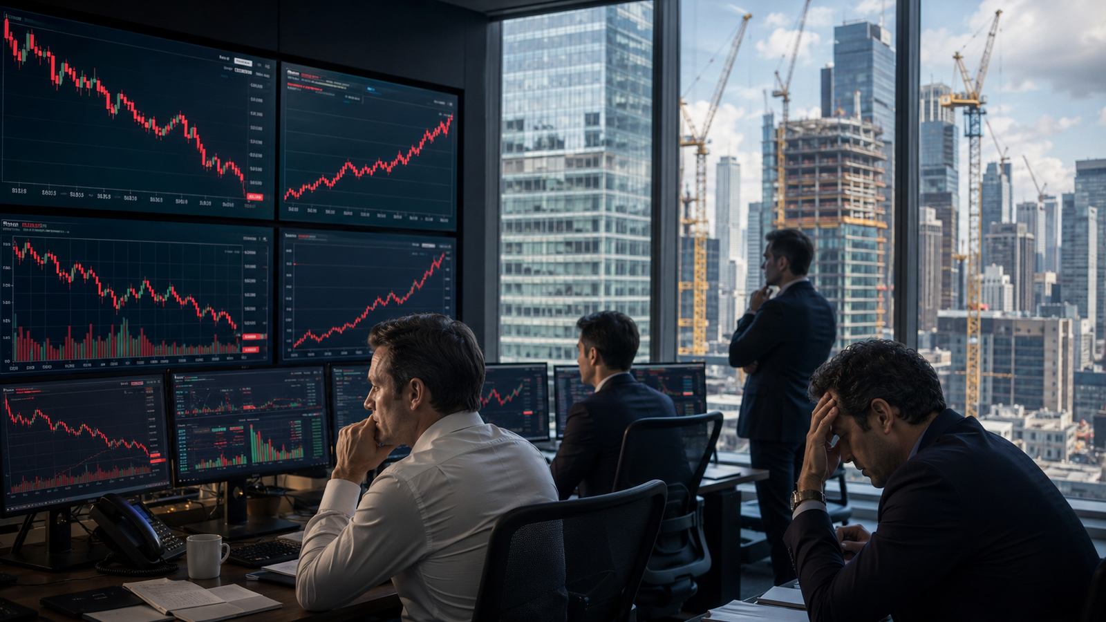 Concerned investors watch falling stock charts inside a trading office while a busy city skyline and construction cranes outside symbolize a resilient U.S. economy.