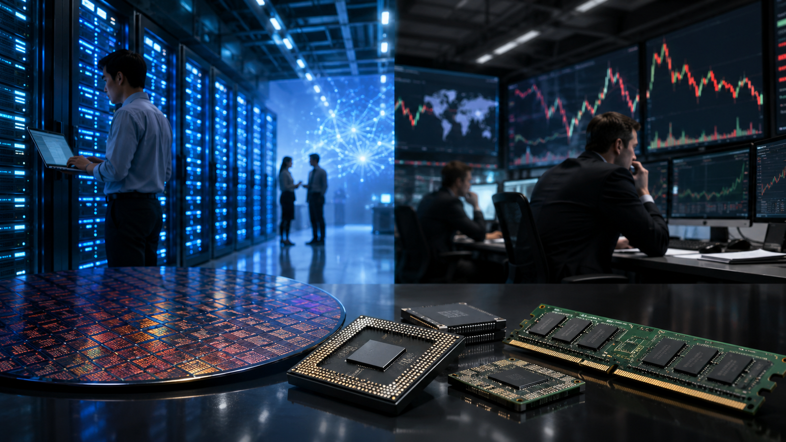 Financial analysts monitor volatile market charts in a trading room with a central-bank-style building visible outside, symbolizing investor focus on inflation and Federal Reserve policy.