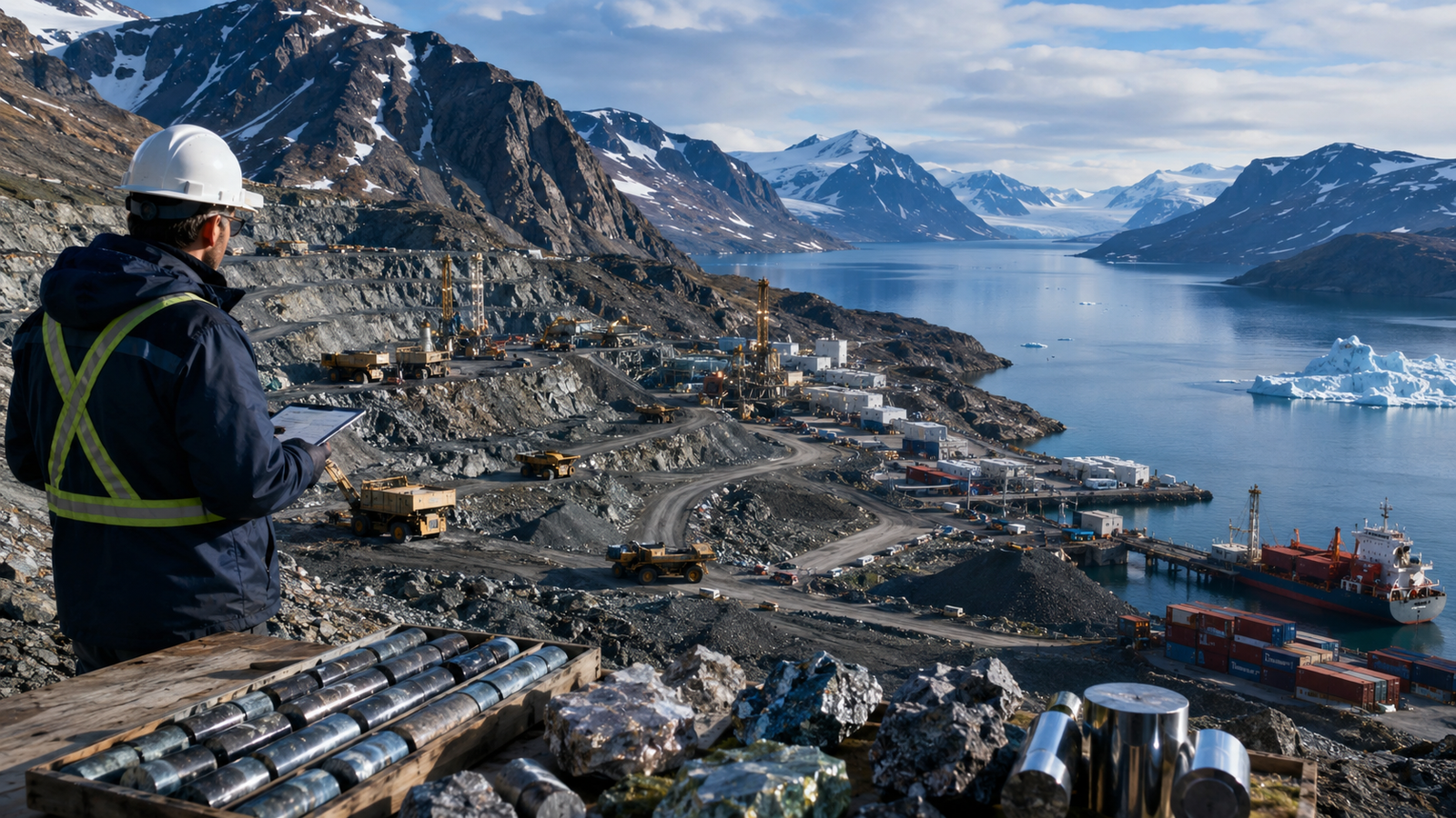 Mining engineer overlooks a Greenland critical minerals site with ore samples, drilling equipment, cargo ships and Arctic mountains in the background.