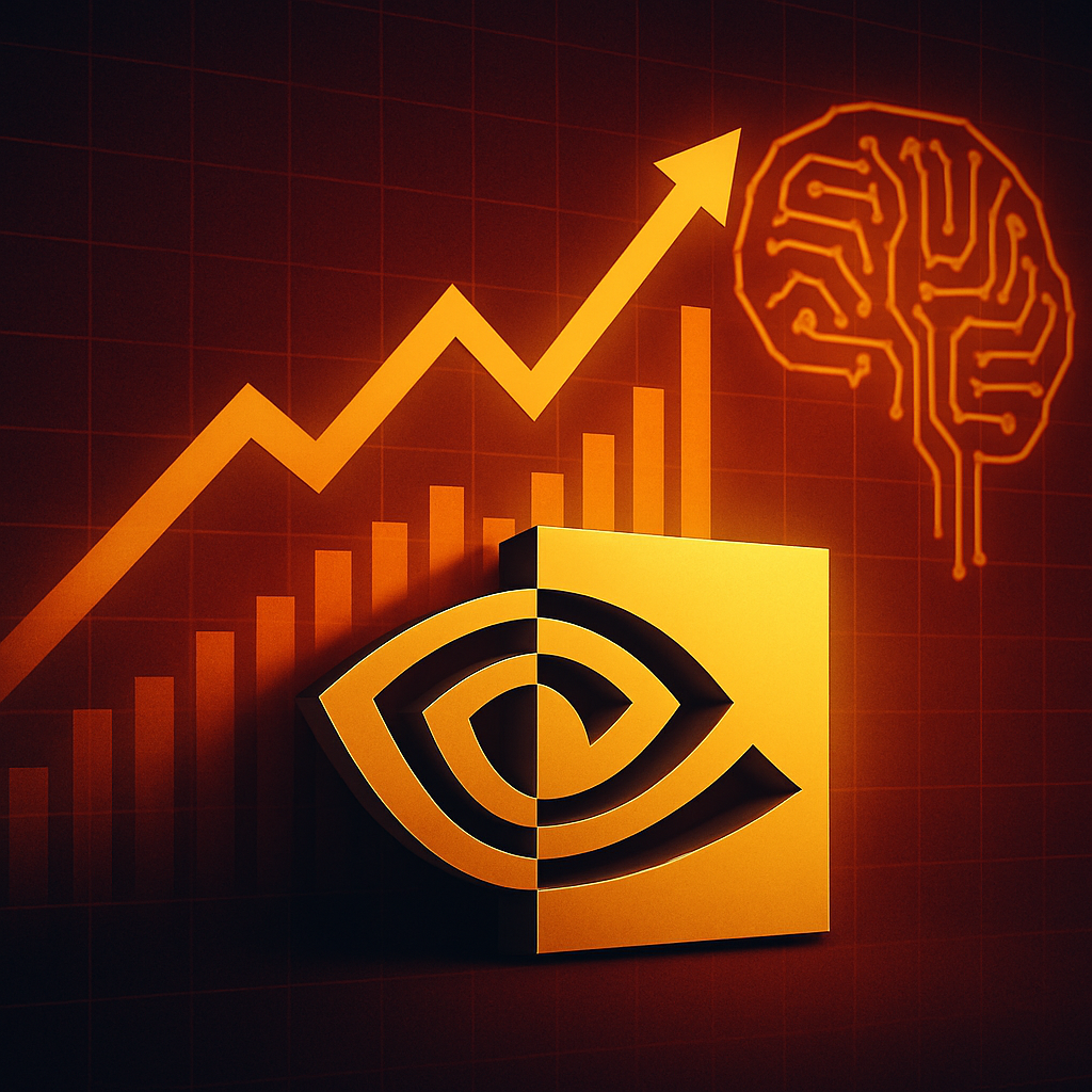 3D Nvidia logo with an upward-trending stock graph and a glowing neural network brain in the background, symbolizing AI growth and investor interest.