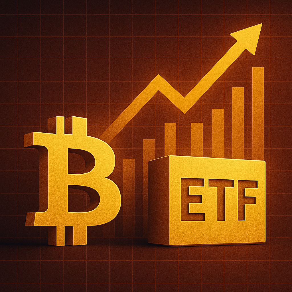 Golden Bitcoin symbol and ETF block with an upward-trending arrow and bar graph, symbolizing cryptocurrency investment growth.