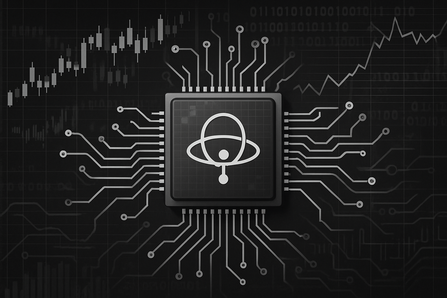 Grayscale-style illustration of a central quantum processor chip with orbiting atomic symbol, integrated into a digital financial interface with circuit lines and stock market graphs.