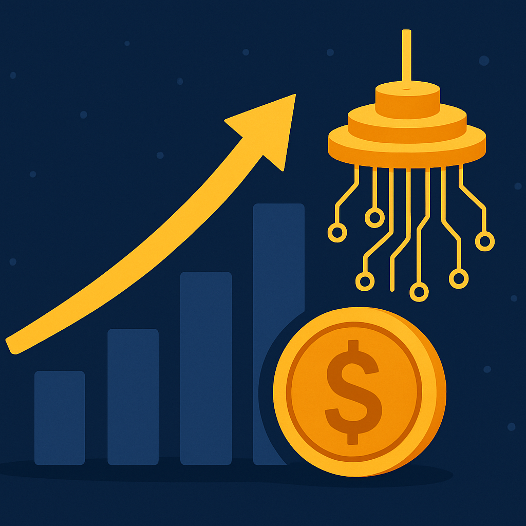 Illustration of financial growth represented by a rising bar chart and dollar coin alongside a symbolic quantum computing device on a dark background.