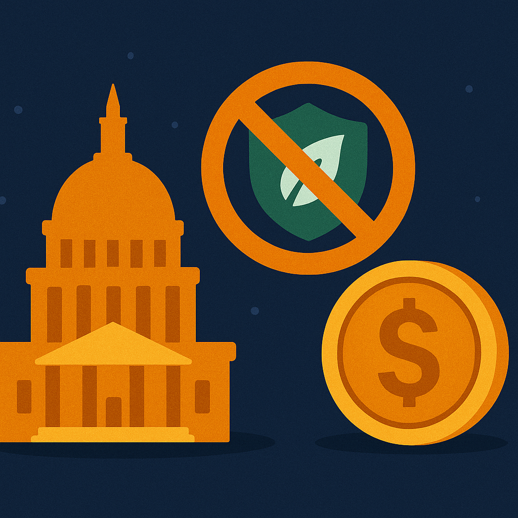 Illustration of the U.S. Capitol with a dollar coin and a banned ESG symbol on a dark background