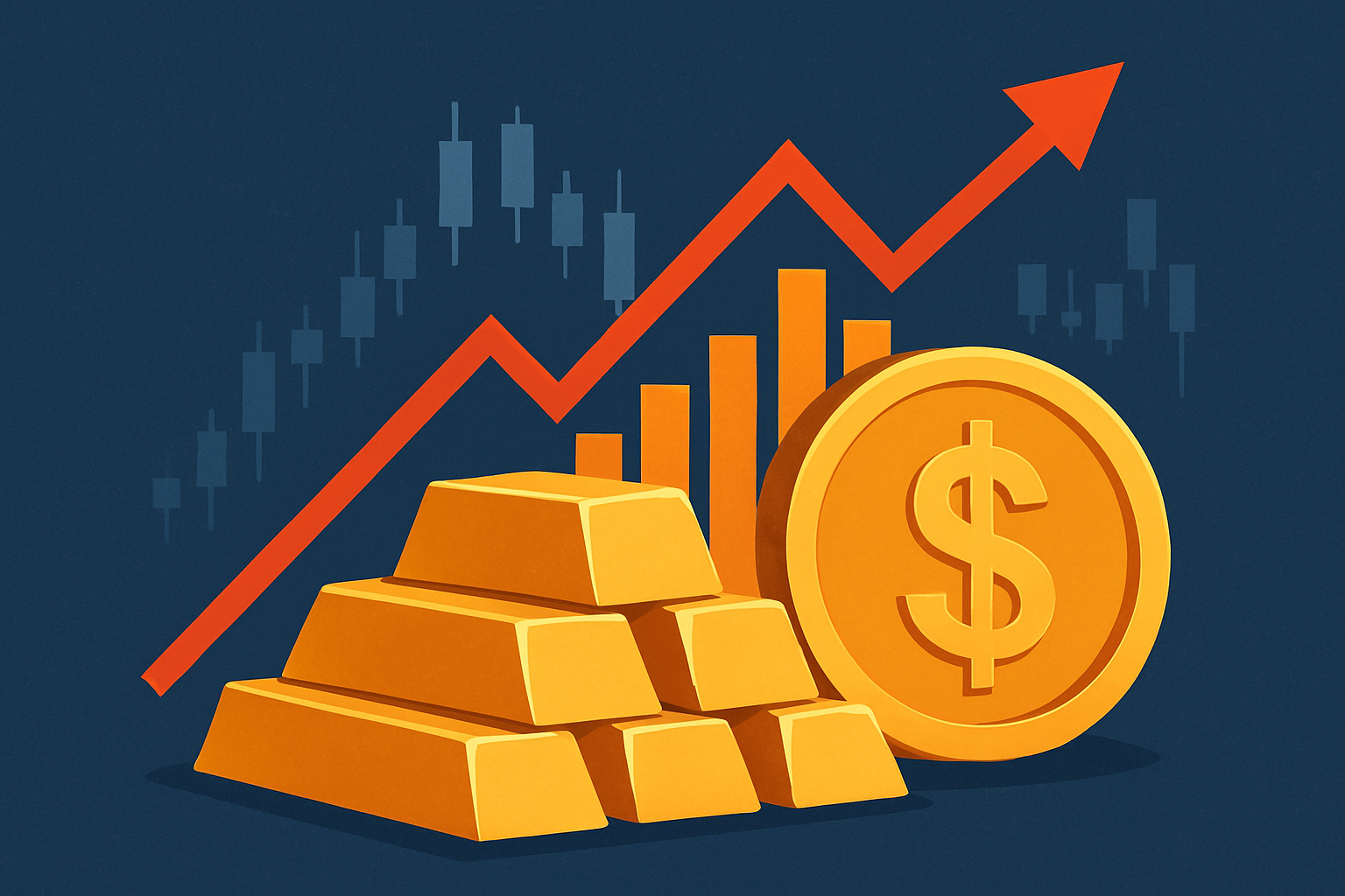 Illustration of stacked gold bars, a gold coin with a dollar sign, and financial graphs indicating a rising market trend.