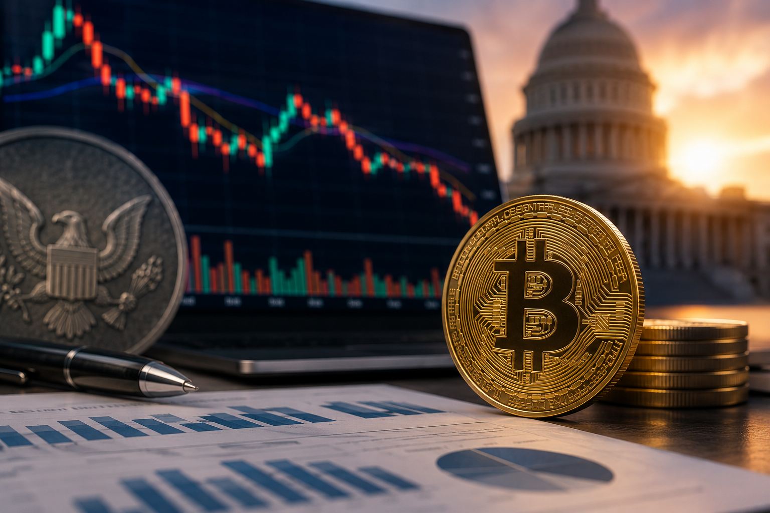 Gold Bitcoin coin beside market charts, financial papers and a blurred government building at sunset.